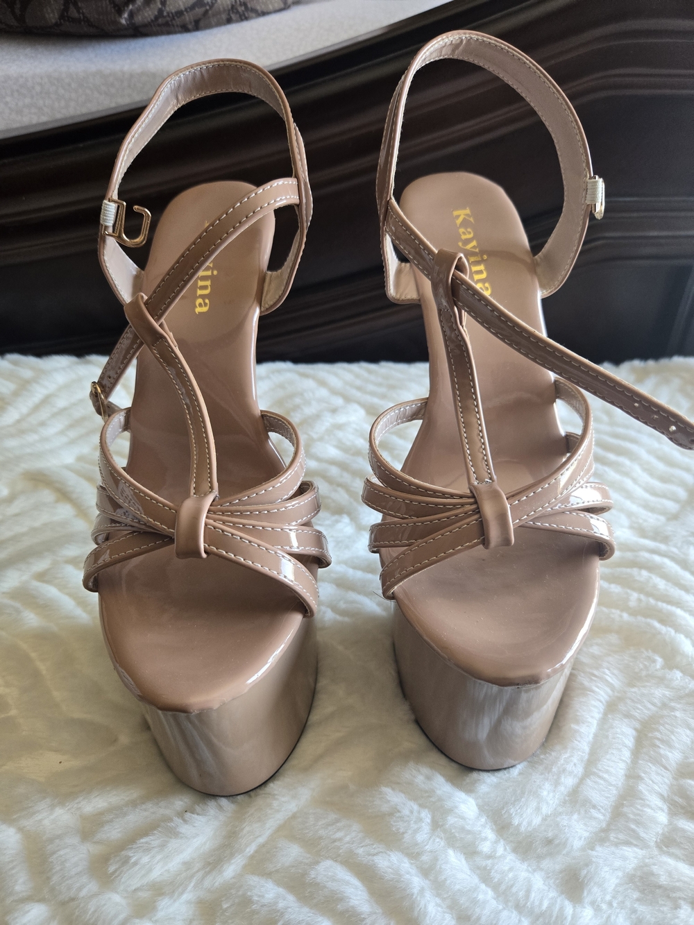 Nude Patent Platform Strappy Sandals with Ankle Buckle